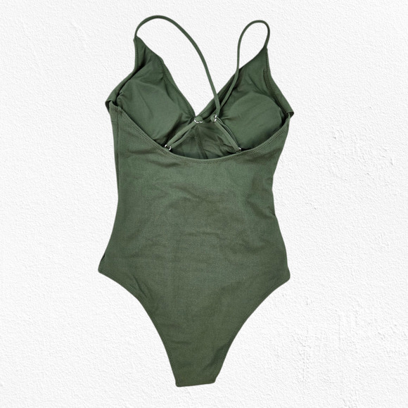 Cupshe Olive Green Ribbed Ruffle Plunge V-Neck One Piece Swimsuit Size Small - Picture 9 of 9